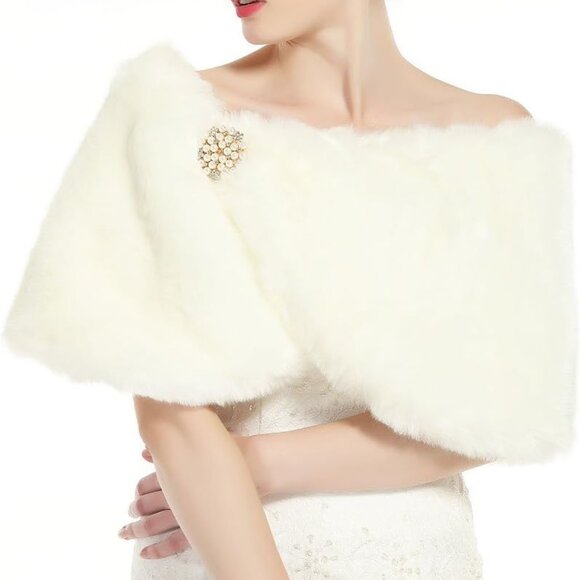 Faux Fur Wrap Shawl Women Shrug Bridal Stole for Winter Wedding Party - Picture 2 of 7